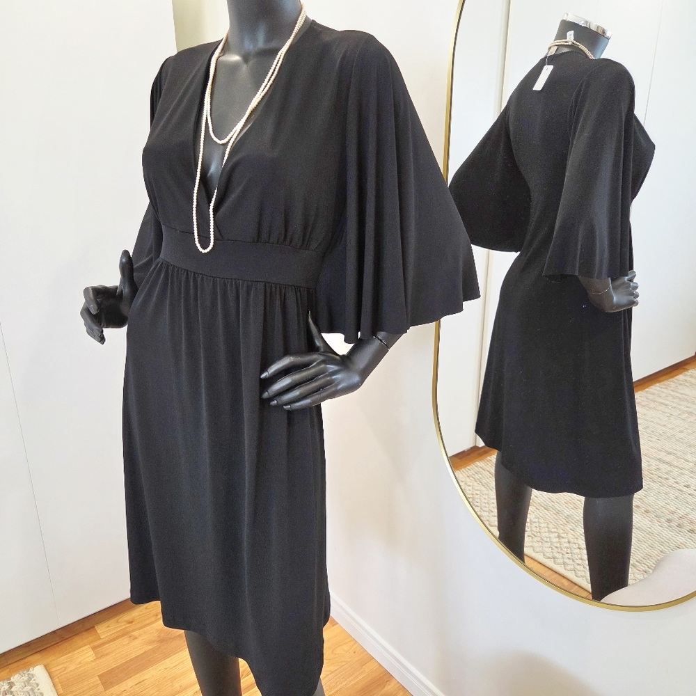 Lux Flutter Sleeve Midi Dress – Deep V-Neck, Black, Made in USA, Size M (Fits S)